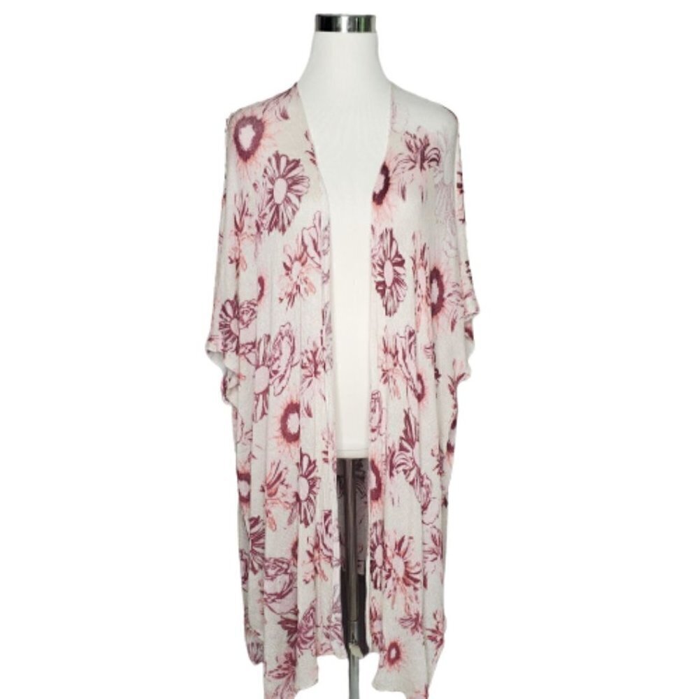 FRESHMAN Floral Open Front Short Sleeve Waterfall Duster Knit Sweater Size XS/S - Picture 2 of 9